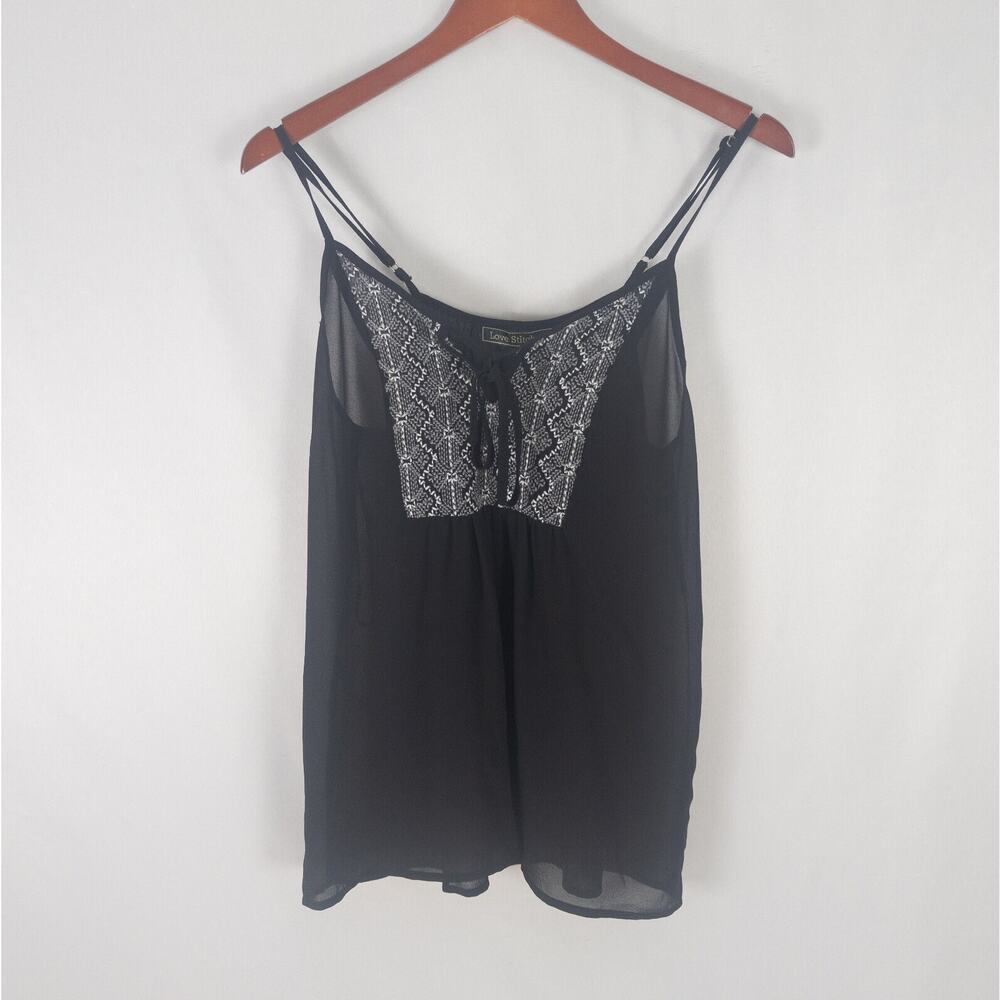 Love Stitch Shirt Womens Small Black Spaghetti Strap Top‎ Sheer Keyhole Neck